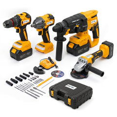 Plantex 4-in-1 Cordless Power Tool Kit 21V/Brushless Drill, Impact Wrench, Rotary Hammer & Angle Grinder/3 Batteries & Case Yellow (APS-ML004)-1