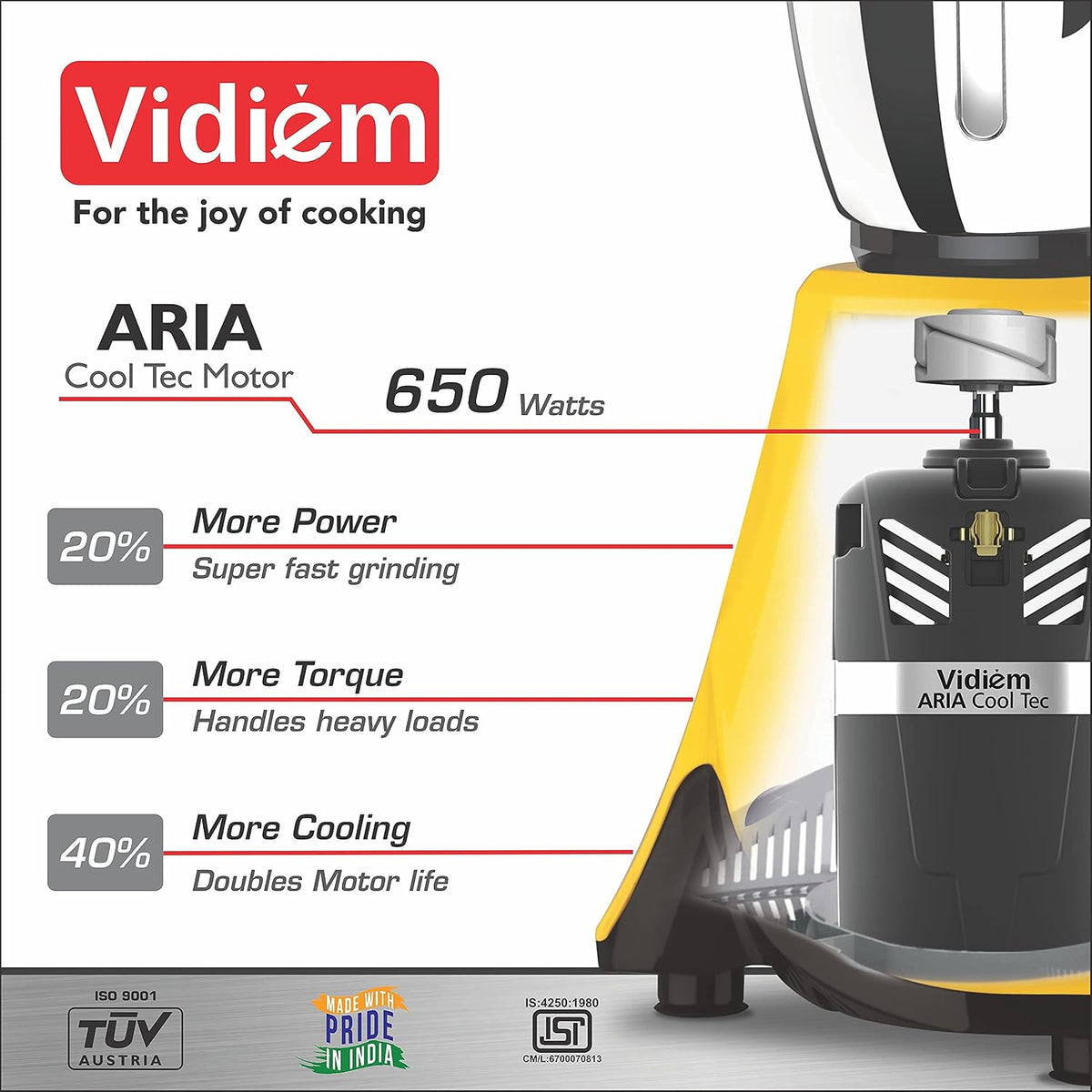 Vidiem Lilly 650W Mixer Grinder (Yellow) | 3 Leakproof Jars with Self-Lock | Wet & Dry Grinding for Spices, Chutneys & C