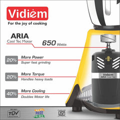 Vidiem Lilly 650W Mixer Grinder (Yellow) | 3 Leakproof Jars with Self-Lock | Wet & Dry Grinding for Spices, Chutneys & C