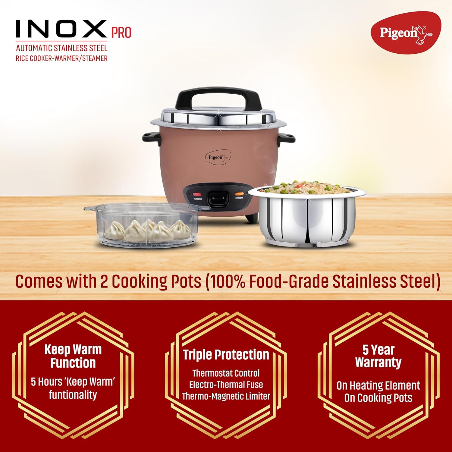 Pigeon Inox Pro Rice Cooker with Steamer, 1 litres | Stainless Steel Lid | 400 Watts | 1 Steel Cooking Pot | Measuring Cup | Spatula | Energy Efficient Cooking (Pink)