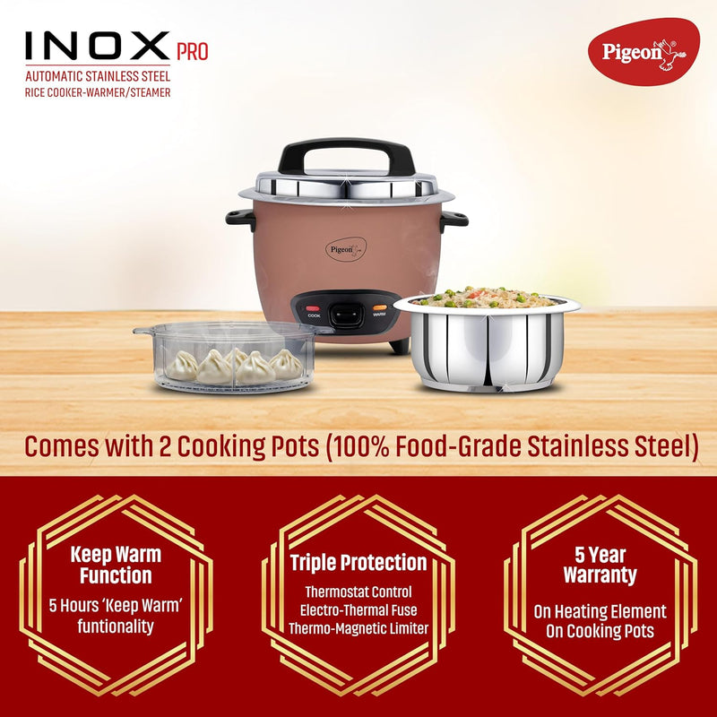 Pigeon Inox Pro Rice Cooker with Steamer, 1 litres | Stainless Steel Lid | 400 Watts | 1 Steel Cooking Pot | Measuring Cup | Spatula | Energy Efficient Cooking (Pink)