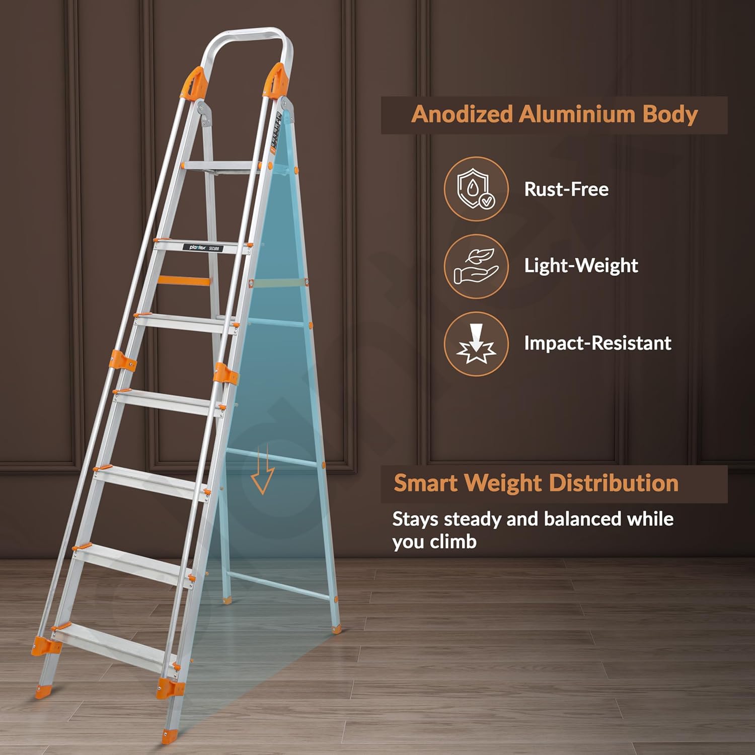 Plantex Secura 7 Step Aluminium Ladder for Home/Foldable Ladder with Safe Hand Rails/5 Year Manufacturer Warranty(Orange-Chrome)