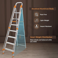 Plantex Secura 7 Step Aluminium Ladder for Home/Foldable Ladder with Safe Hand Rails/5 Year Manufacturer Warranty(Orange-Chrome)