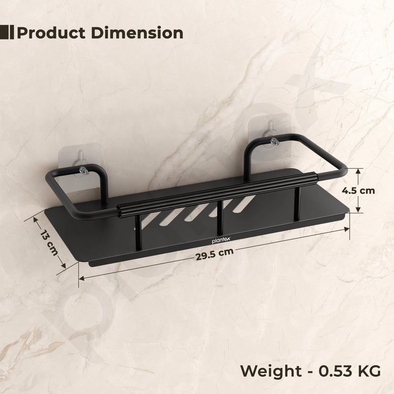 Plantex Self Adhesive Bathroom Shelf/Stainless Steel Bathroom Shelf Rack/Wall Shelf for Bathroom/Bathroom Organiser Without Drill/Bathroom Accessories Set- Pack of 1 (12x5 inches, Black)-2