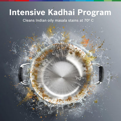 Bosch 14 Place Setting Dishwasher with Intensive Kadhai Program, 70⁰ Hot water wash, 3-Stage Adjustable Upper Rack, No Pre-Rinse (SMS46KI03I, Silver, Glass Protection Technology)