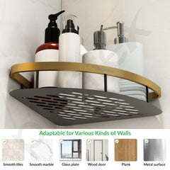 Plantex Corner Shelf for Bathroom Wall Mount/Aluminium Kitchen Corner Stand for Wall with Golden Railing & Magic Stickers/Bathroom Accessories Self Adhesive (9x9 inches, Gold & Black) - Pack of 2-6