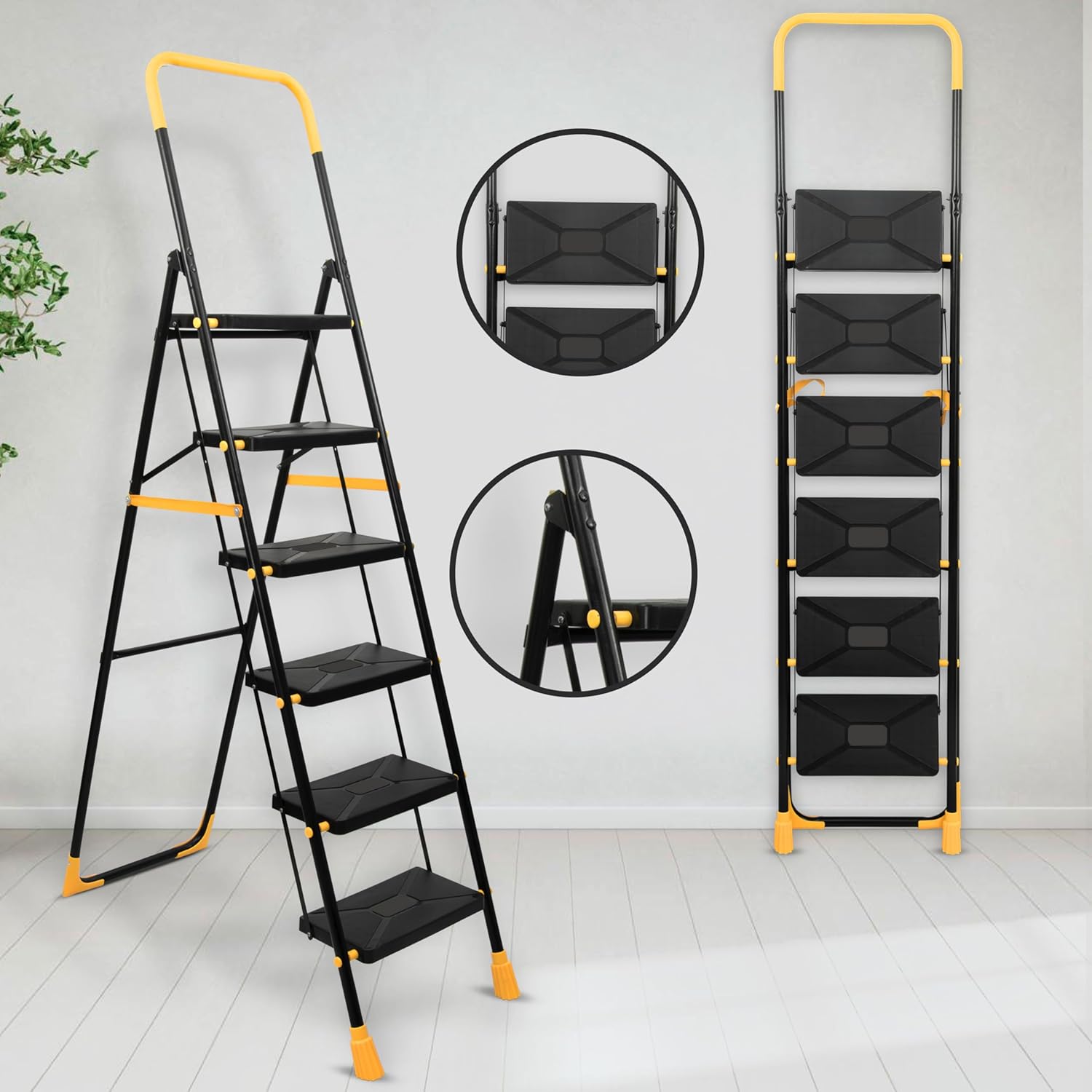 Plantex Premium Steel 6 Step Foldable Ladder for Home use/Heavy Duty Ladder for Home with Anti Slip Steps and PVC Shoes/Portable ladders with Knee Guard Protection (Yellow & Black)