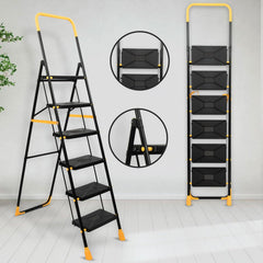 Plantex Premium Steel 6 Step Foldable Ladder for Home use/Heavy Duty Ladder for Home with Anti Slip Steps and PVC Shoes/Portable ladders with Knee Guard Protection (Yellow & Black)