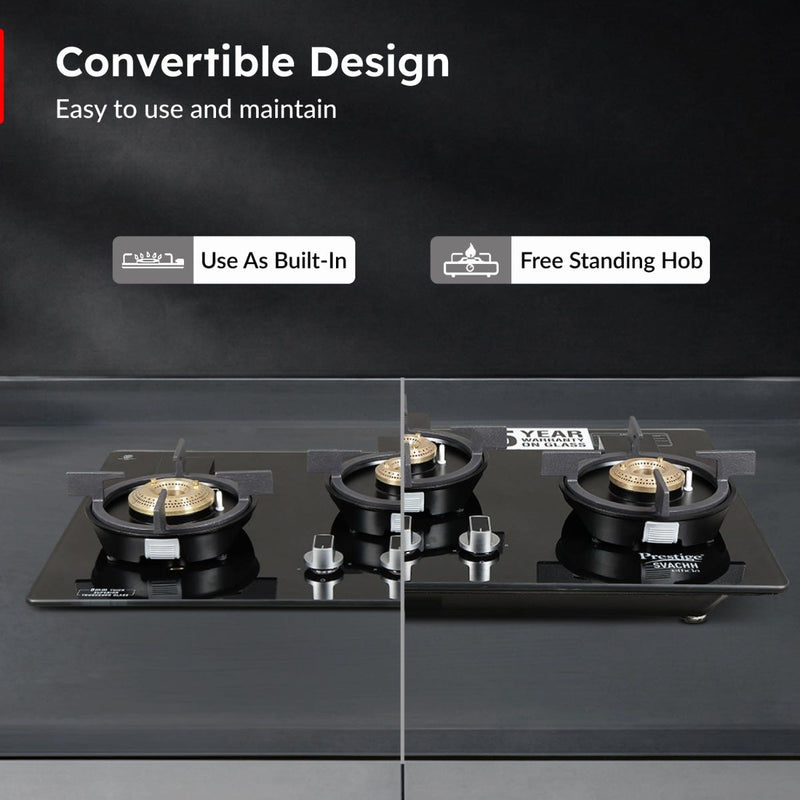 Prestige Provo 900 Kitchen Hood Chimney, Prestige Svachh Efficia Hob 03 AI (with Toughened Glass Top Multi Spark Ignition System & 3 Brass Burners), Prestige Chimney Installation Kit