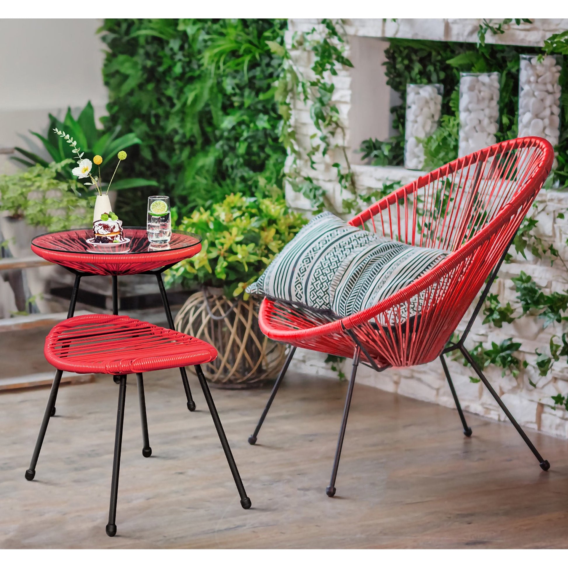 Intra Outdoor Patio Seating Set 2 Chairs 2 Ottoman and Table Set (Red)