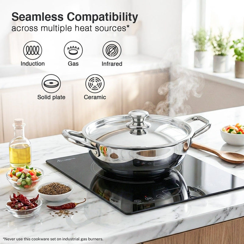Prestige PIRC 1.0 2200W Infrared Cooktop, Indian Menus & Timer, Flat-Bottom Cookware, Black + Prestige TRIPLY Splendid 4 Pc Cookware Set: Fry Pan 22cm, Kadai 22cm, Saucepan 14cm, SS Lid 24cm