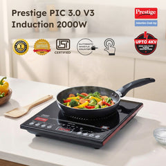 Prestige PIC 3.1 V3 2000W Induction Cooktop, Whistle Counter, 4KV Surge Protection, 7 Indian Menus + Prestige TRIPLY Splendid 4 Pc Cookware Set: Fry Pan 22cm, Kadai 22cm, Saucepan 14cm, SS Lid 24cm