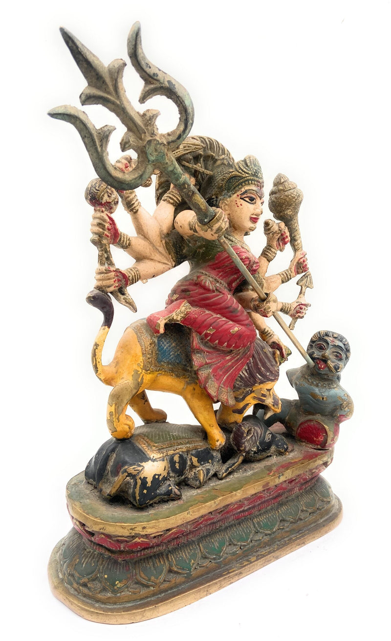 Handcrafted Brass Durga Devi Idol – Mahishasura Mardini | Shakti Simhavahini Maa Amba Statue | Antique Finish Pital Murti for Pooja, Home Temple & Navratri Decor,Gold, 14 Inch, 1 Piece