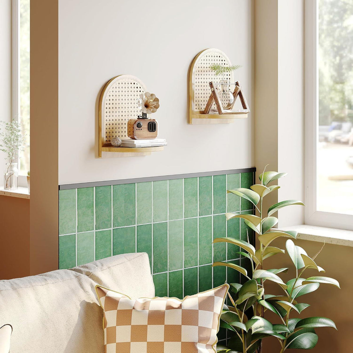 Natural Rattan Arch Wall Display Shelf- Set Of 2