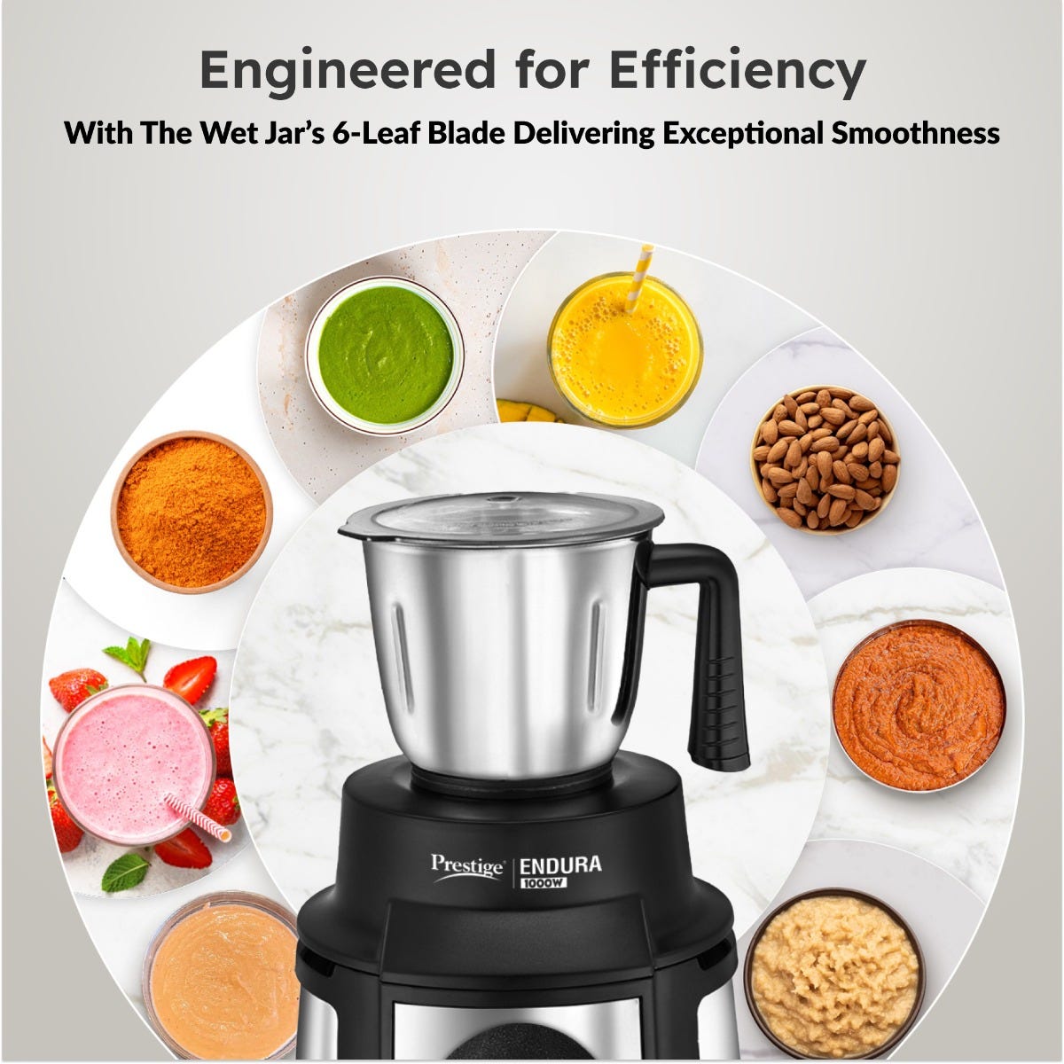 Prestige Endura 1000W 4 Jar Mixer Grinder: 3 SS Jars + 1 Juicer Jar, Ball Bearing Copper Motor, SS Blades, Black, 5Y Motor Warranty + Prestige 1.5L PMC 3.0 Plus Multi Kettle / Multi Cooker