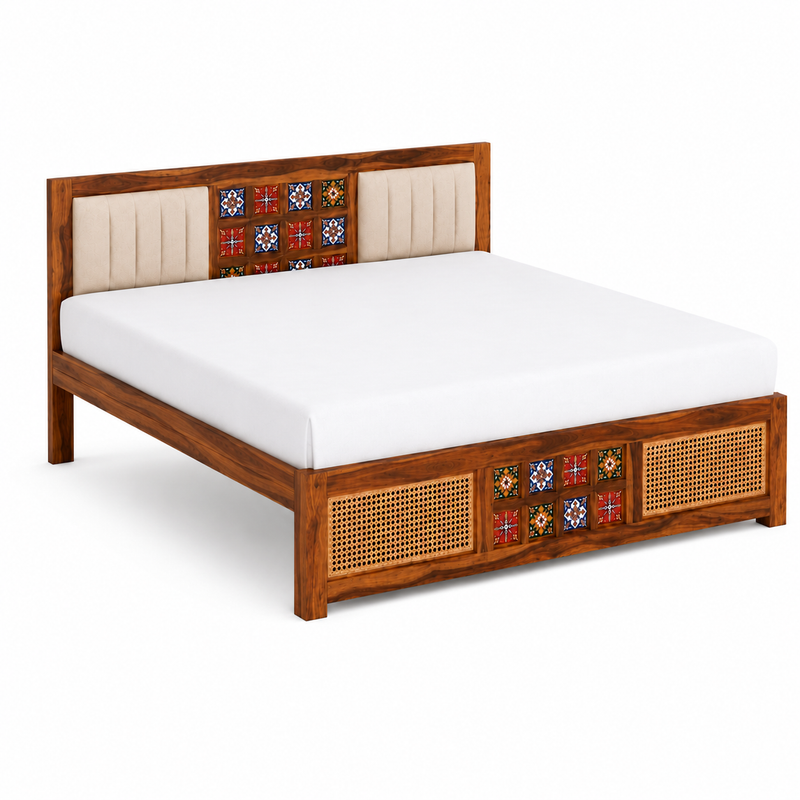 Premium Sheesham Wood Upholstered Bed with Handcrafted Ceramic Tile & Cane Panels