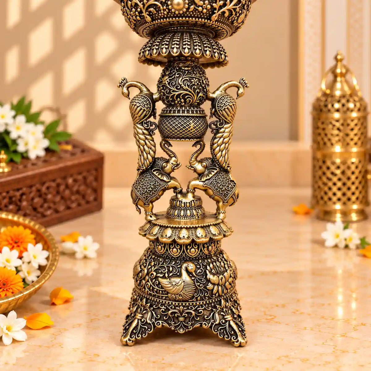 Brass Lightweight Peacock Samai/Lamp Pair