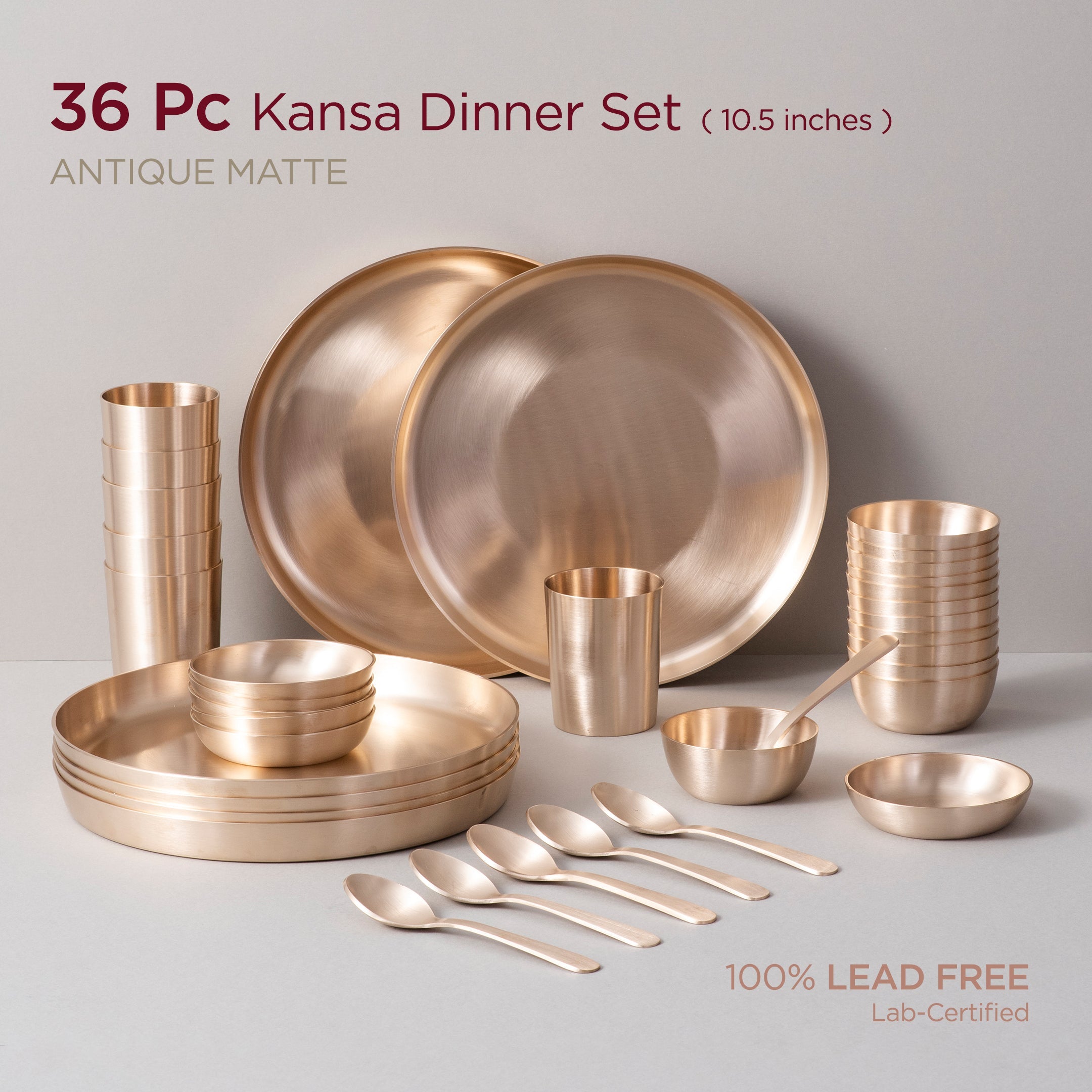 36-Piece Kansa Dinner Set • Serves 6 • Antique Matte Finish • 100% Lead Free (कांसे का डिनर सेट) | Total Weight: ~9 kg