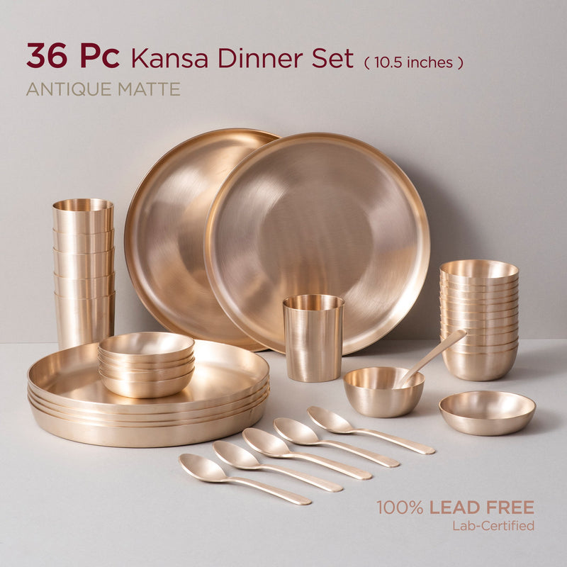 36-Piece Kansa Dinner Set • Serves 6 • Antique Matte Finish • 100% Lead Free (कांसे का डिनर सेट) | Total Weight: ~9 kg
