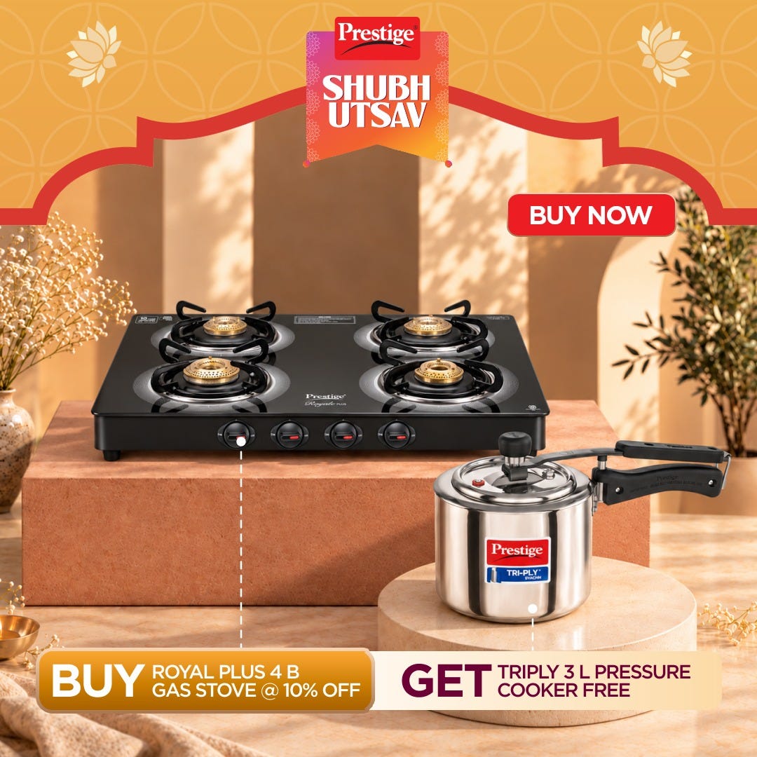 Prestige Royale Plus GT 04 Toughened Black Glass Top Gas Stove + Prestige 3 Litre TRIPLY Svachh Inner Lid Pressure Cooker, Deep Lid for Spillage Control, Metallic Safety Plug, Gas & Induction