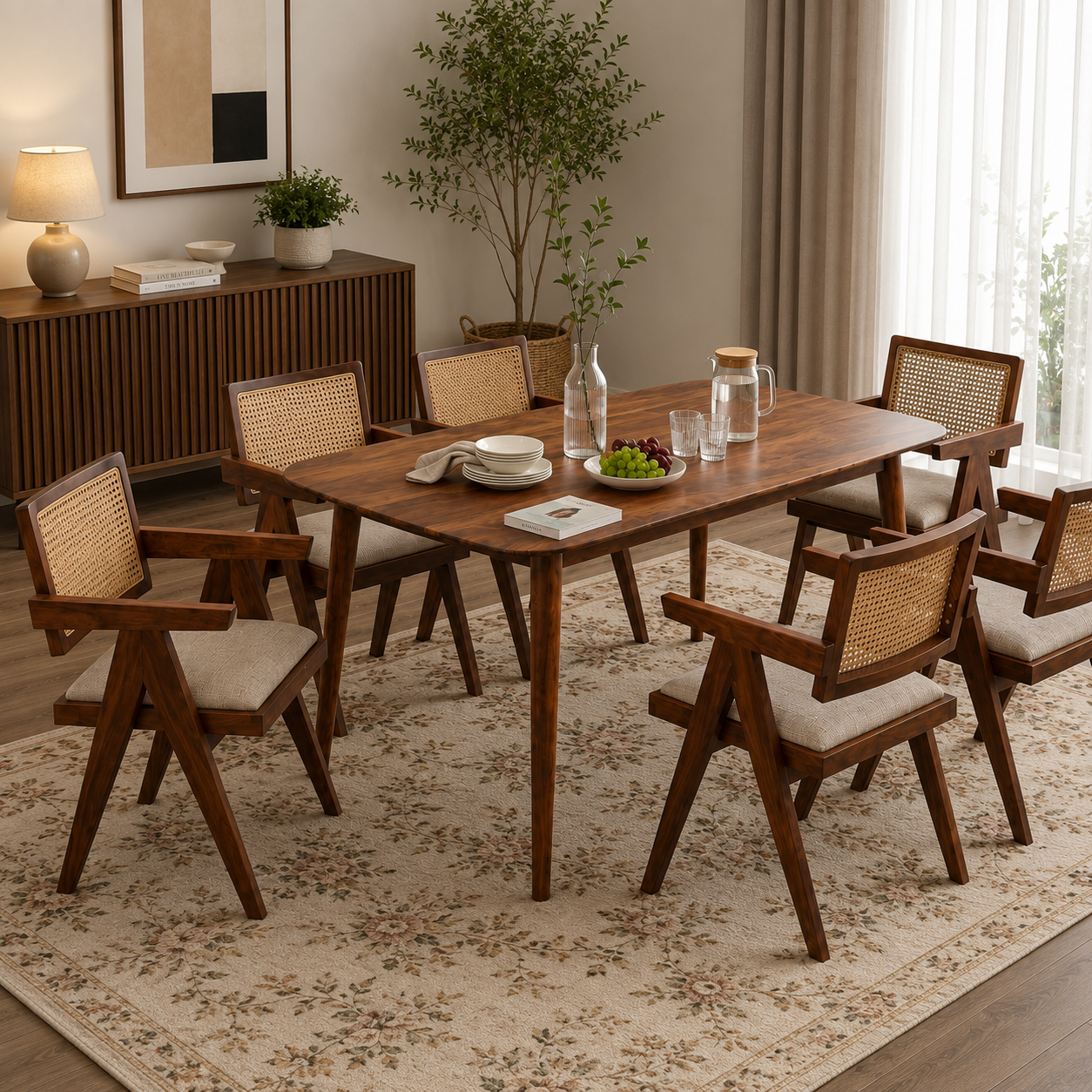 Astera Sheesham Wood 6 Seater Dining Set with Natural Cane Chairs