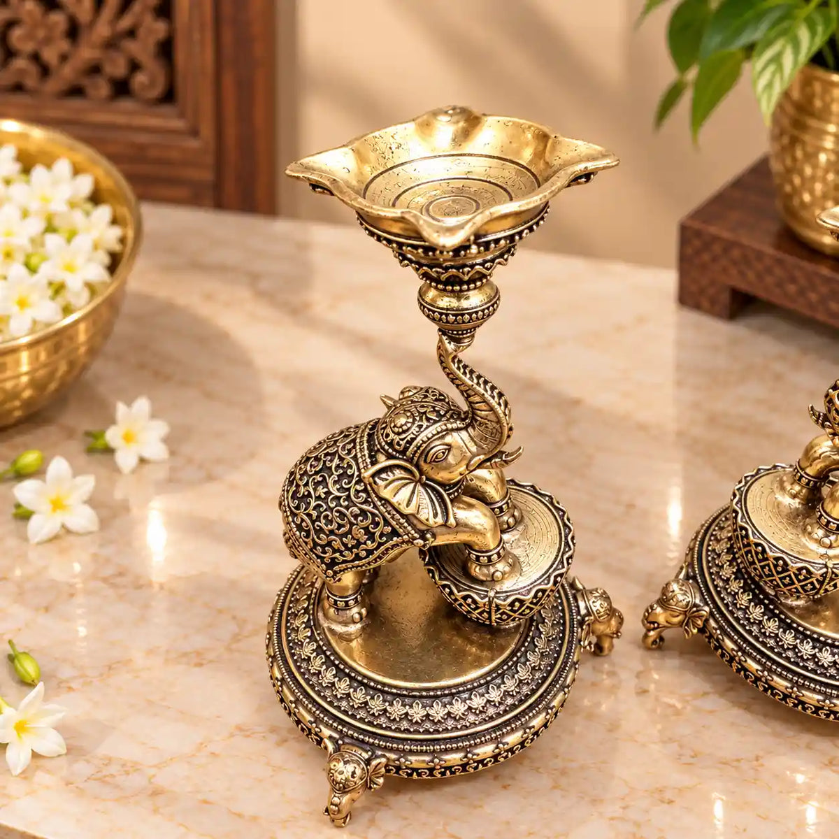 Brass Lightweight Diya Pair On Dancing Elephant (5.2 Inch)
