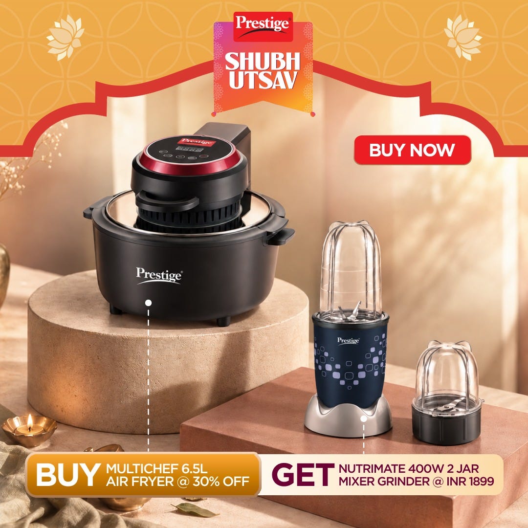 Prestige Multi-Chef All-in-One Air Fryer, 6.5L, 1200W, Airfry/Oven/Toast/Grill, 80% Less Oil, Black + Prestige Nutri-Mate 400W Mixer Grinder, 2 Jars & 3 Lids, Dual Safety Interlock, 1Y Warranty