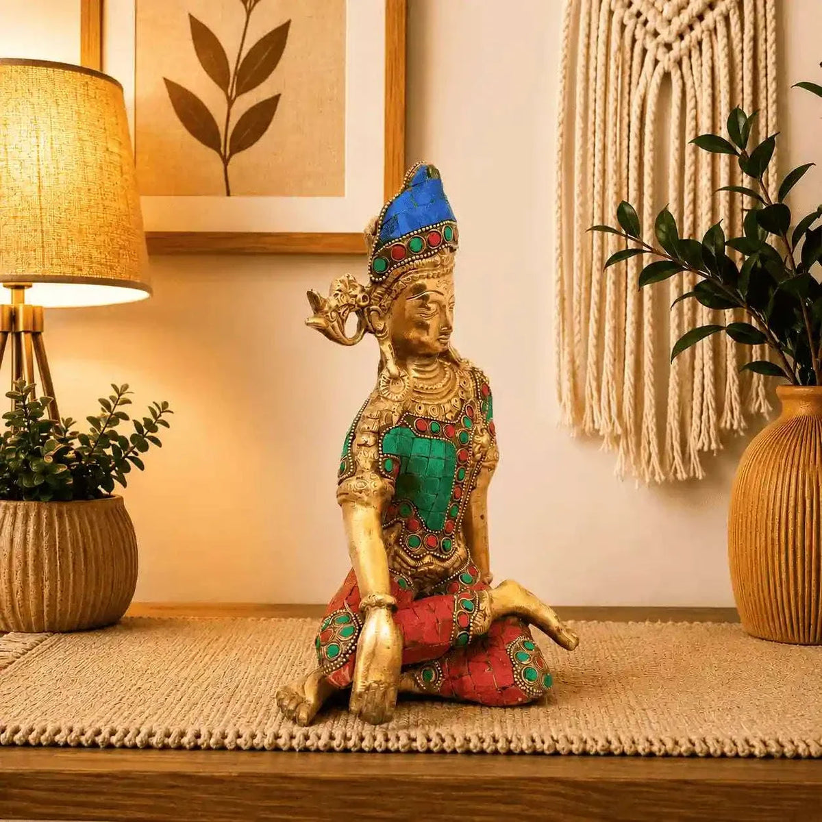 Brass Sitting Indra Dev Idol (9.5 Inch)