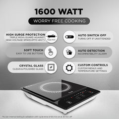 Preethi Indicook IC123 1600-Watt Induction Cooktop, Soft Touch Button with Crystal Glass (Black)