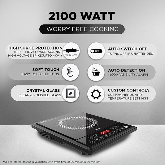 Preethi Indicook IC124 2100-Watt Induction Cooktop, Soft Touch Button with Crystal Glass (Black)