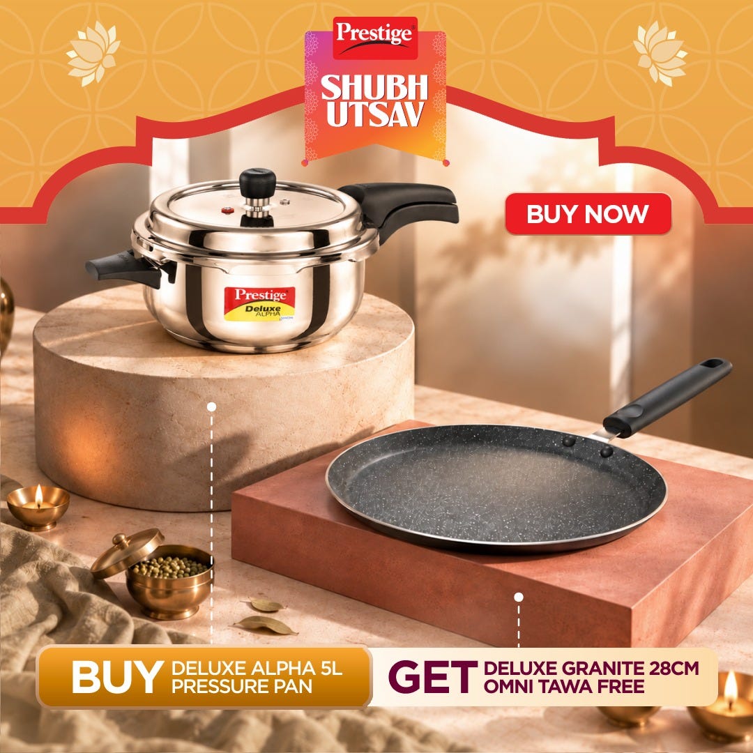 Prestige 5 Litre Stainless Steel Deluxe Alpha Svachh Outer Lid Deep Pressure Pan Cooker, Triply Base, Gas & Induction Compatible, ISI + Prestige Omega Deluxe Granite Non-stick Omni Tawa, 28 cm, Black