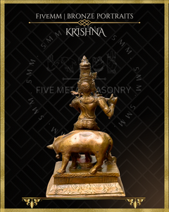 Krishna with cow & calf Panchaloha Bronze Icon - 6.5"