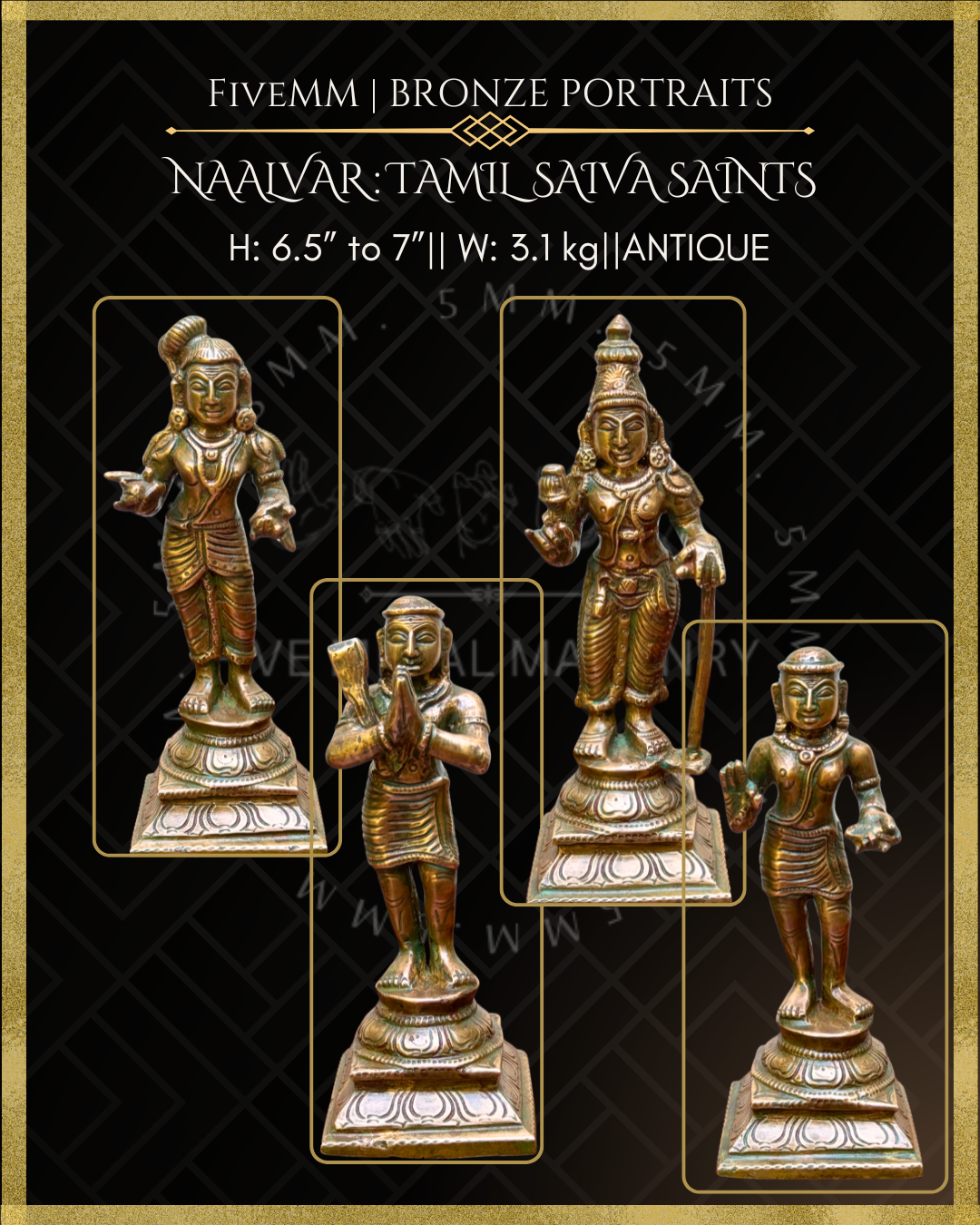 Naalvar:Tamil Saiva Saints (Nayanmars) Panchaloha Bronze Icon Set - 6.5" to 7"