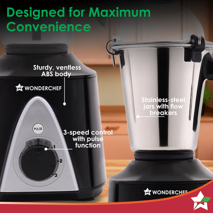 Hush BLDC Mixer Grinder | 3 Jars for Blending, Dry Grinding, Chutney Grinding | Low Friction | Low Noise | Conserves Power | Grind Masalas, Nuts, Coconut to Fruits/Vegetables | RPM 18,000