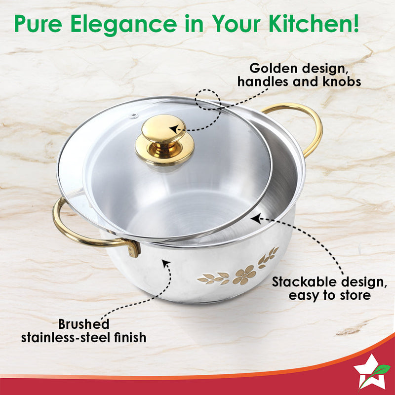 Wonderchef Gold Stanton 2 Pc Casserole Set with Glass Lids, 20 cm/22 cm, Chemical-free Food-grade Stainless-steel, Gold 