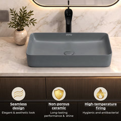 Plantex Ceramic Table Top Basin/Wash Basin for Bathroom/Over Counter Washbasin for Restaurant/Hotel (Rectangle - Matt Grey, 24 x 14 x 4.5 Inch)-5