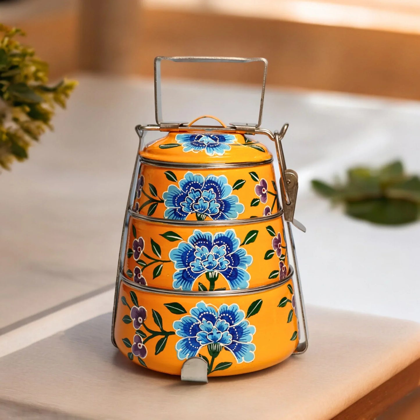 Shri-badri Hand Painted 3 Tier Steel Lunch Box - Yellow