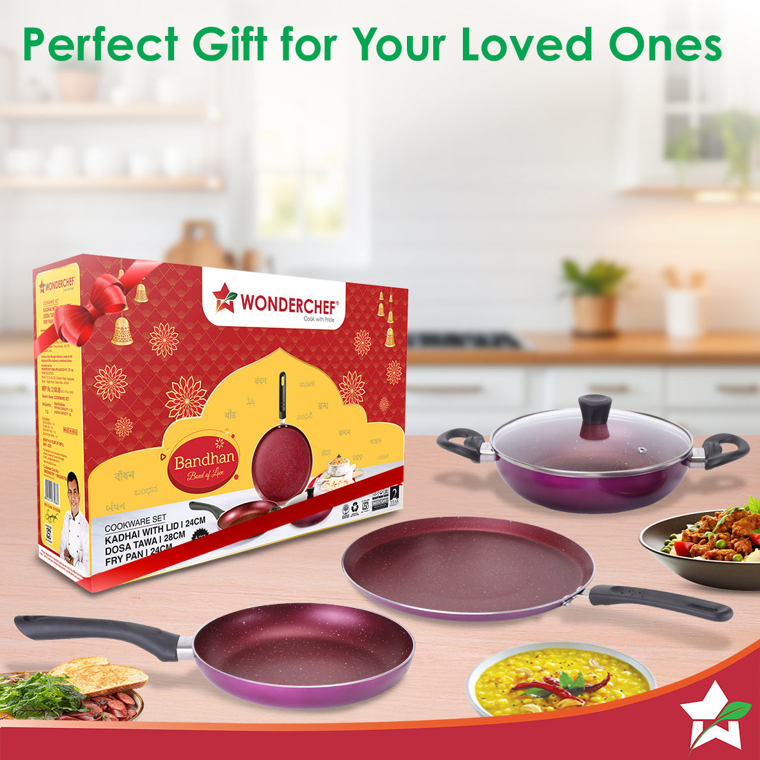 Bandhan Non-stick Cookware 4 Pc. Set | Perfect Gift | Fry Pan, Dosa Tawa, Kadhai with Glass Lid | Healthy, Low Oil Meals | Scratch-resistant | Gas & Induction Compatible | Easy to Clean