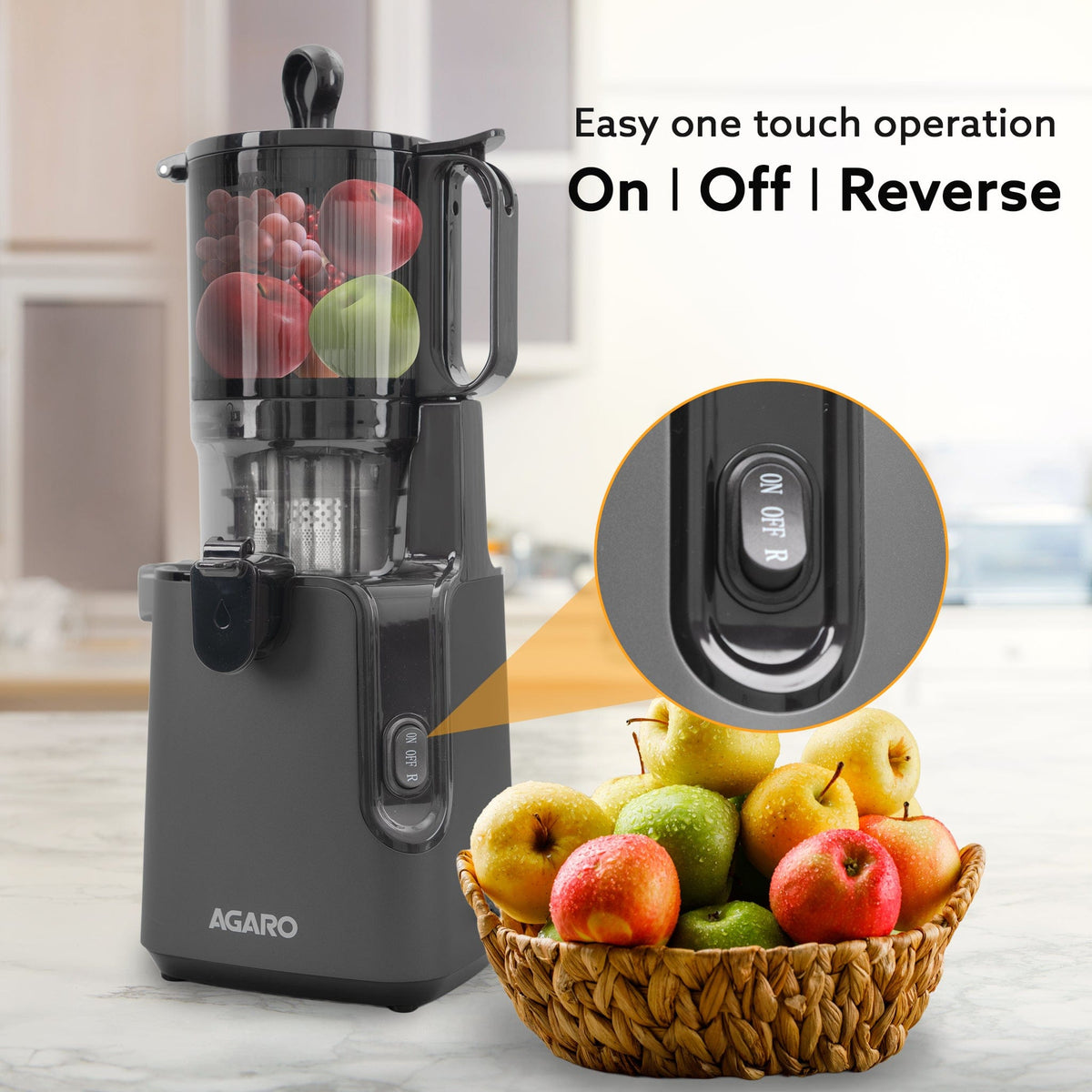 AGARO Regal Cold Press Slow Juicer, 250 Watt DC Motor, Easy Assembly & Cleaning, Auto Reverse, Advanced Safety Lock, Fru