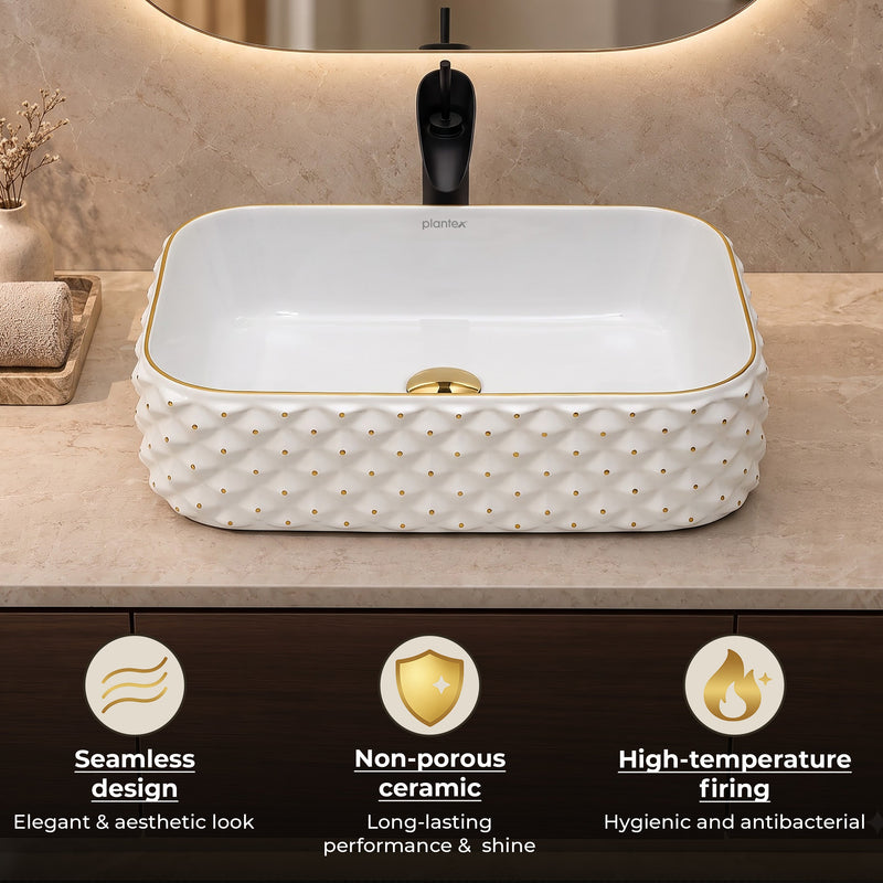 Plantex Wash Basin/Ceramic Table Top Wash Basin/Designer Countertop Basin for Bathroom/Restaurants/Hotel Rectangular (294, White & Gold, 19 x 13 x 5 Inch)-5