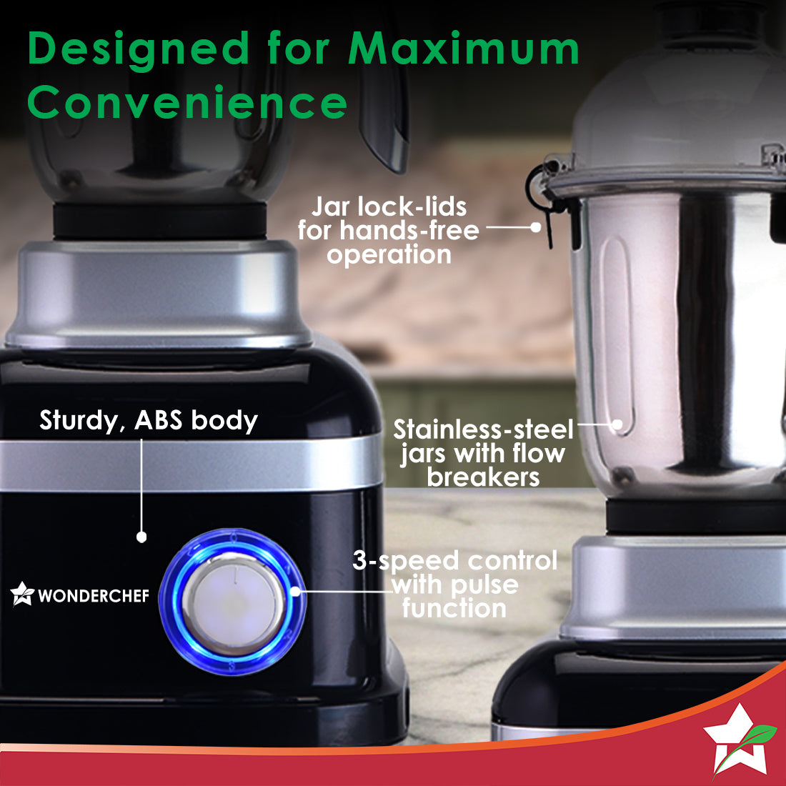 Wonderchef Cube 1000W Mixer Grinder, 3 Jars with Flow Breakers, Special Coarse Blade for Silbatta-style Khada Masala Gri