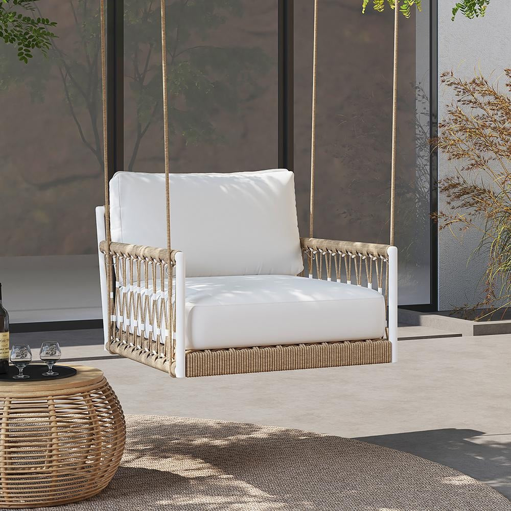Ulek Single Seater Hanging Swing Without Stand For Balcony , Garden Swing (White + Tan) Braided & Rope