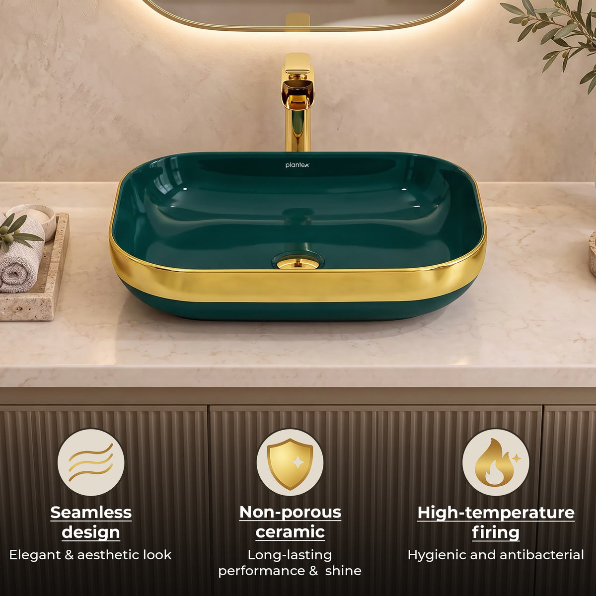 Plantex Wash Basin/Ceramic Table Top Wash Basin/Countertop Basin for Bathroom/Restaurants/Hotel Rectangular Green & Gold - 20 x 14 x 6 Inch)-4