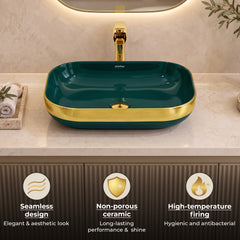 Plantex Wash Basin/Ceramic Table Top Wash Basin/Countertop Basin for Bathroom/Restaurants/Hotel Rectangular Green & Gold - 20 x 14 x 6 Inch)-4