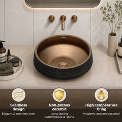 Plantex Designer Ceramic Basin/Table Top Wash Basin for Bathroom/Countertop Vessel Sink Basin for Home/Office/Restaurant (Black & Bronze - 15 x 15 x 6 Inch)-5