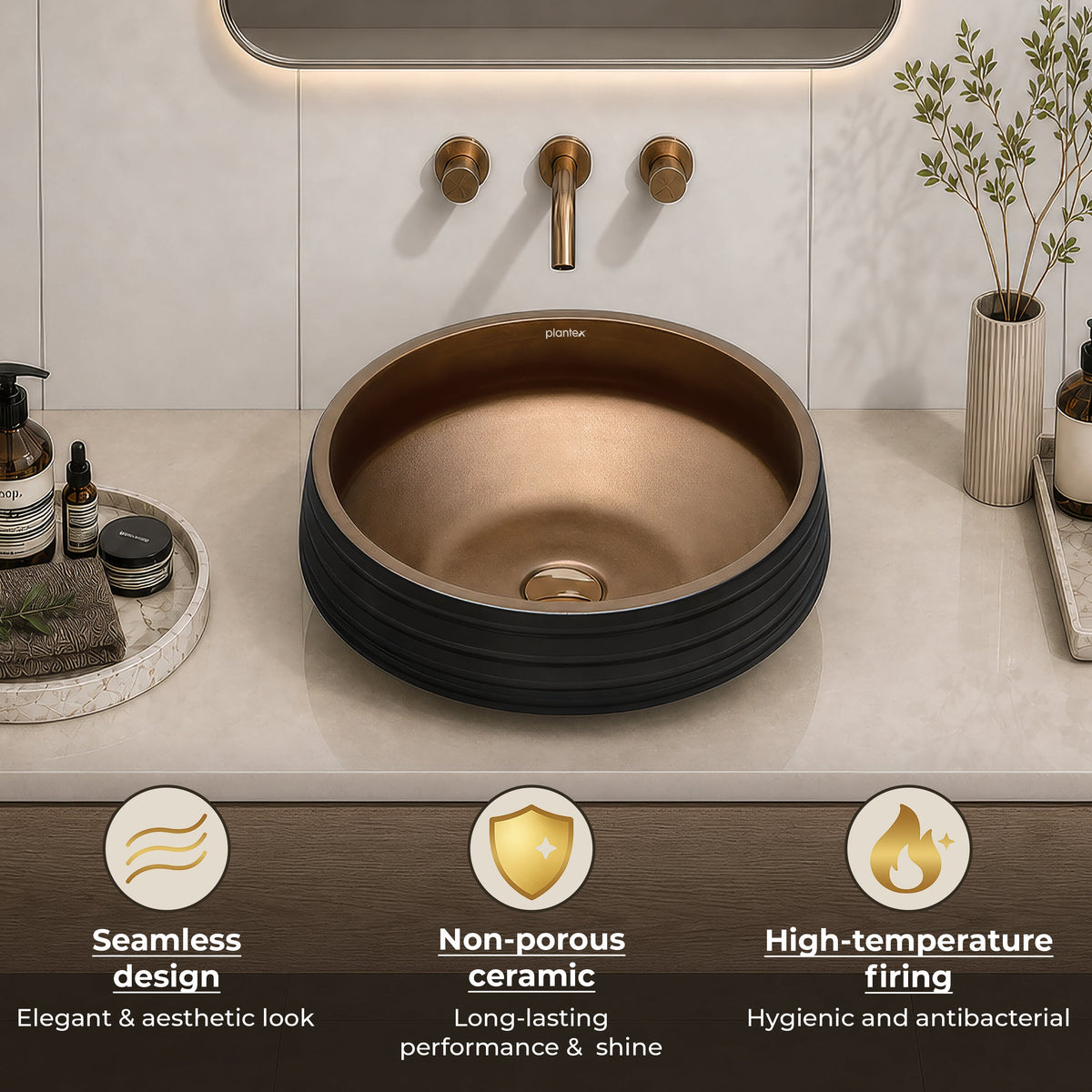 Plantex Designer Ceramic Basin/Table Top Wash Basin for Bathroom/Countertop Vessel Sink Basin for Home/Office/Restaurant (Black & Bronze - 15 x 15 x 6 Inch)-5