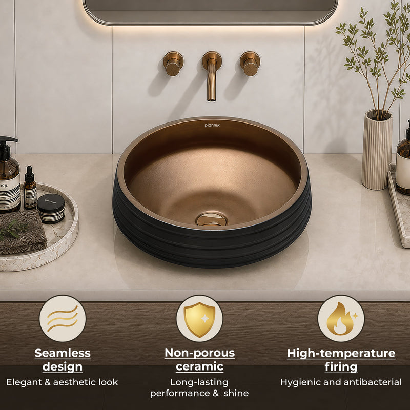 Plantex Designer Ceramic Basin/Table Top Wash Basin for Bathroom/Countertop Vessel Sink Basin for Home/Office/Restaurant (Black & Bronze - 15 x 15 x 6 Inch)-5
