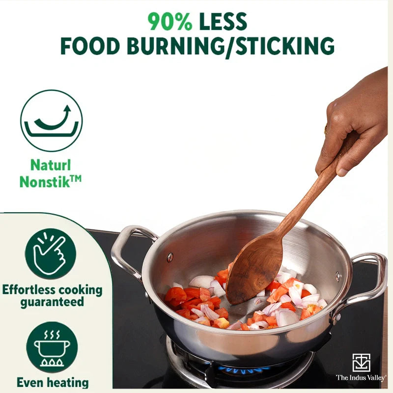 TurboCuk Tri-ply Stainless Steel Deep Fry Pan+ Glass Lid, Premium Quality, 3 Layer Thick Body, 100% Toxin-free, Non-stick, Induction & Gas, 20.3cm, 1.5 L, 1.38kg