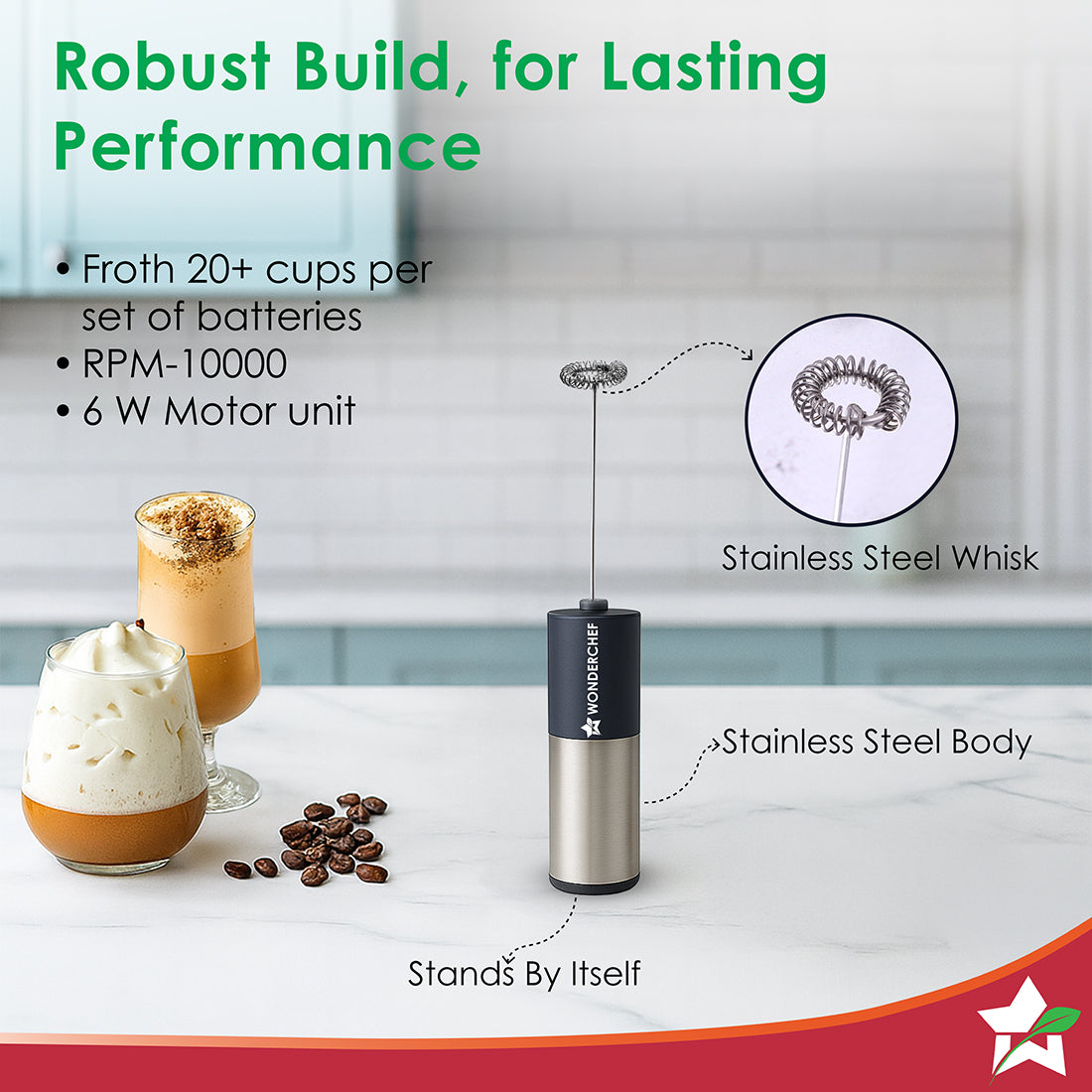 Wonderchef Regalia Milk Frother | Rich and Creamy Froth in Seconds | Stainless Steel Body & Whisk | AA Battery Operated 