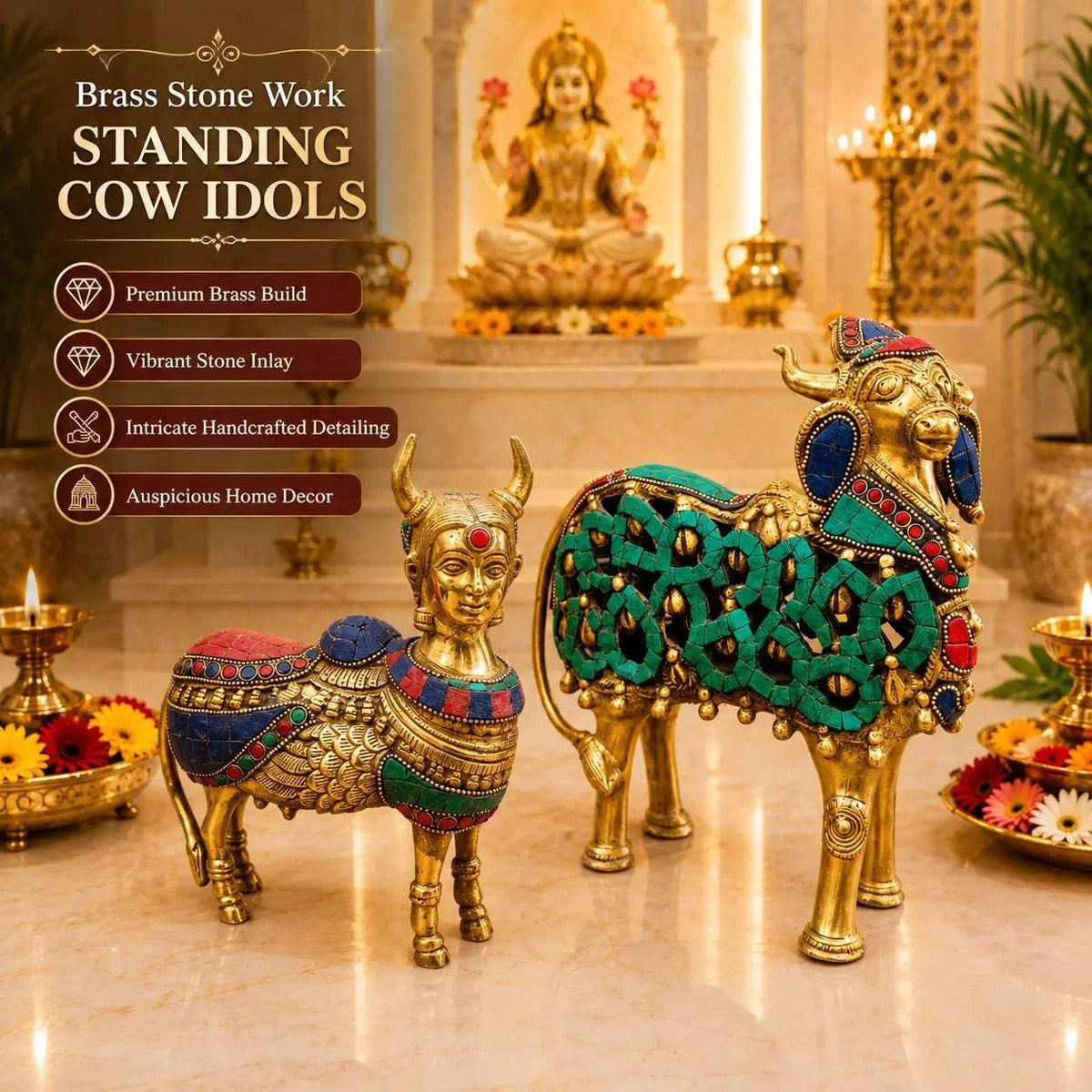 Brass Stone Work Standing Cow Idol